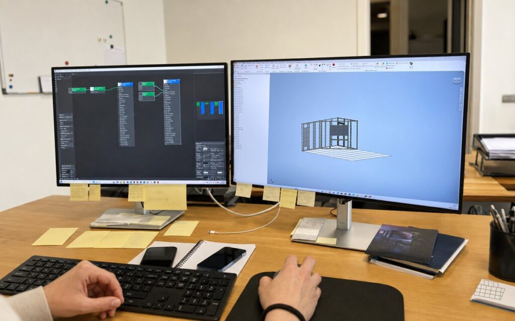 Udvikling af en messestand i et 3D-designprogram på to computerskærme